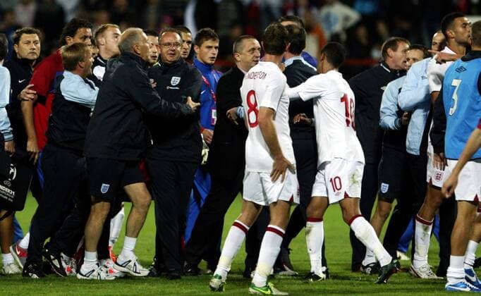 16.10.2012 Krusevac(Serbia) Serbia-England UEFA Under 21 Euro qualify play off men s football Srdjan Maksimovic(L) Serbia goalkkeper coach with Dejan Govedarica(2L) Serbia assistant coach in confrontation with Martin Thomas(6L) England goalkeeper coach and Brian Eastick(5L) with Steve Wigley(3L) England assistant coaches. Stuart Pearce(5ft from right) England U21 head coaxh and Steven Caulker (2nd from right) 