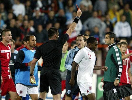 16.10.2012 Krusevac(Serbia) Serbia-England UEFA Under 21 Euro qualify play off men s football Andros Townsend(2nd Left) and Danny Rose (2nd from right) England who receive red card from Huseyin Gocek(3rd from Left) Turkey referee and Sasa Markovic(L) Serbia with Mete Kalkavan(r) 4th official referee from Turkey 