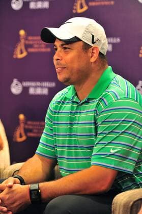 Former Brazilian soccer superstar Ronaldo attends a press conference for the 2012 Mission Hills World Celebrity Pro-Am golf tournament in Haikou city, south Chinas Hainan province, 18 October 2012. Ronaldo, Michael Phelps highlight press conference for World Celebrity Pro-Am golf tournament in Haikou  20121018_35485