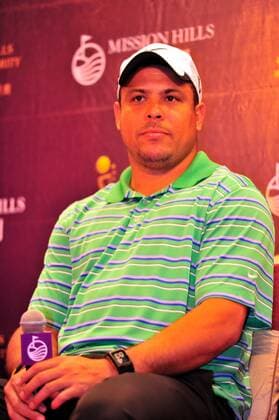 Former Brazilian soccer superstar Ronaldo attends a press conference for the 2012 Mission Hills World Celebrity Pro-Am golf tournament in Haikou city, south Chinas Hainan province, 18 October 2012. Ronaldo, Michael Phelps highlight press conference for World Celebrity Pro-Am golf tournament in Haikou  20121018_35528