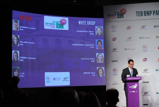 (121022) -- ISTANBUL, Oct. 22, 2012 (Xinhua) -- The result is announced during the draw ceremony of WTA Tennis Damen Championships 2012 in Istanbul of Turkey on Oct. 21, 2012. Maria Sharapova, Petra Kvitova, Agnieszka Radwanska and Sara Errani are in White group while Serena Williams, Victoria Azarenka, Angelique Kerber and Li Na in Red group .(Xinhua Ma Yan) TURKEY-ISTANBUL-TENNIS-WTA CHAMPIONSHIP-DRAW 