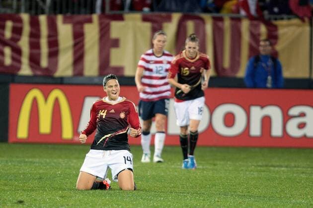 23 OCT 2012: Germany s Dzsenifer Marozsan (14) reacts to scoring her second goal of the game. The United States Women s National Team and Germany Women s National Team played to a 2-2 draw at Rentschler Field in East Hartford, Connecticut in a women s international friendly soccer match. SOCCER: OCT 23 Womens Fan Tribute Tour Germany vs USA Icon482121023023 EDITORIAL USE ONLY
