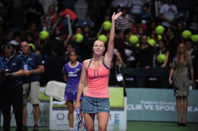 ISTANBUL, Oct. 23, 2012 - Maria Sharapova of Russia reacts after the first round of WTA Tennis Damen Championships 2012 in Istanbul of Turkey on Oct. 23, 2012. Sharapova won the match with 2-0. (Xinhua Ma Yan) TURKEY-ISTANBUL-WTA Championships 