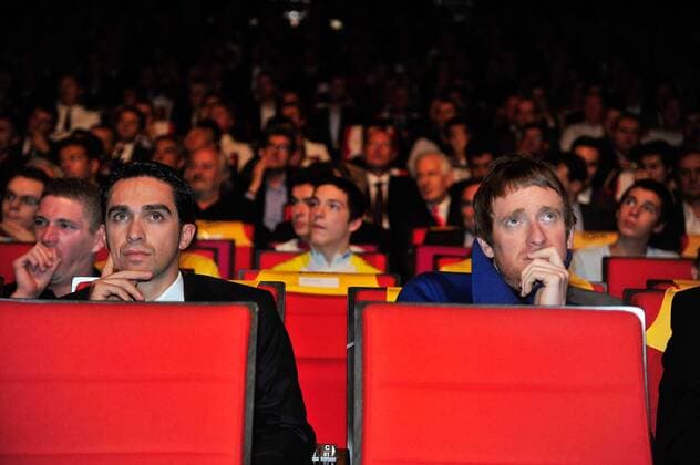 RADSPORT - Tour de France 2013, Vorschau, Strecken-Praesentation PARIS,FRANKREICH,24.OKT.12 - DIVERS, RADSPORT - Tour de France 2013, Vorberichte, Streckenpräsentation im Palais de Congres. Bild zeigt Alberto Contador (ESP Saxobank) und Bradley Wiggins (GBR Sky). 