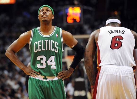 Oct. 30, 2012 - Miami, FL, USA - Paul Pierce (34) of the Boston Celtics looks up in the stands as LeBron James (6) of the Miami Heat takes a moment in the first quarter at the American Airlines Arena in Miami, Florida, in the season-opener on Tuesday, October 30, 2012. Boston Celtics at Miami Heat - ZUMAm67