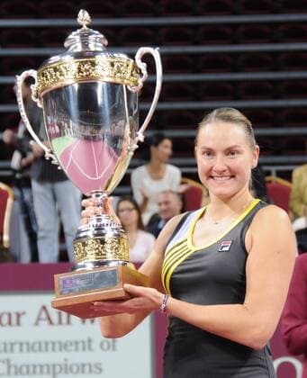 SOFIA, Nov. 4, 2012 - Nadia Petrova of Russia shows her trophy after the final match at the WTA Tennis Damen Tournament of the Champions in Sofia, Bulgaria, Nov. 4, 2012. (Xinhua Chen Hang) (jyc) BULGARIA-SOFIA-TENNIS-WTA TOURNAMENT OF CHAMPIONS 