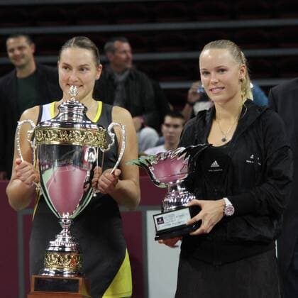 SOFIA, Nov. 4, 2012 - Nadia Petrova of Russia (L) and Caroline Wozniacki of Denmark show their trophies after the final match at the WTA Tennis Damen Tournament of the Champions in Sofia, Bulgaria, Nov. 4, 2012. (Xinhua Liu Zai) (jyc) BULGARIA-SOFIA-TENNIS-WTA TOURNAMENT OF CHAMPIONS 