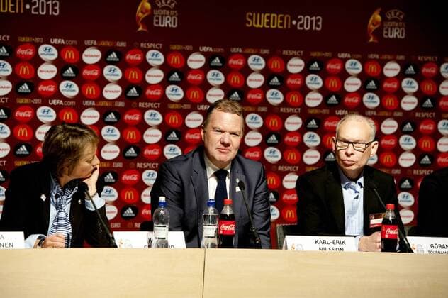 Göteborg, 09.11.2012 - UEFA press conference 2012 - Uefa Executive and Chairwomen of UEFA Women s Football Committie Karen Esplund (NOR) President of the Swedish Football Association Karl Erik Nilsson (SWE) and LOC Director Göran Havik (SWE) KP0300003 