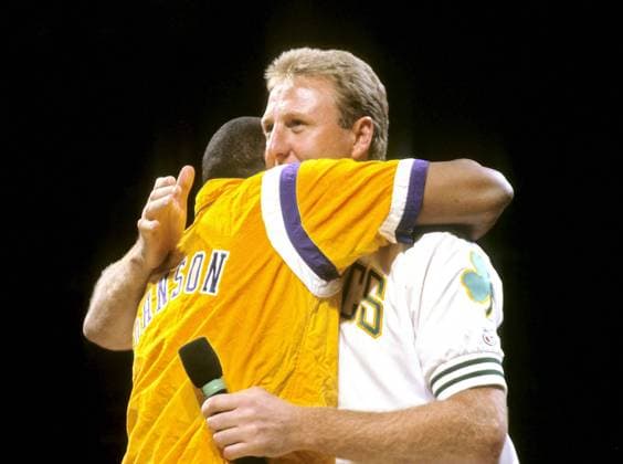 Jan. 01, 1993 - Boston, Massachusetts, U.S. - Boston Celtics LARRY BIRD and Los Angeles Lakers MAGIC JOHNSON at Larry s retirement ceremony at Boston Garden NBA Basketball Herren USA 1993 - Magic Johnson and Larry Bird  - ZUMAl10