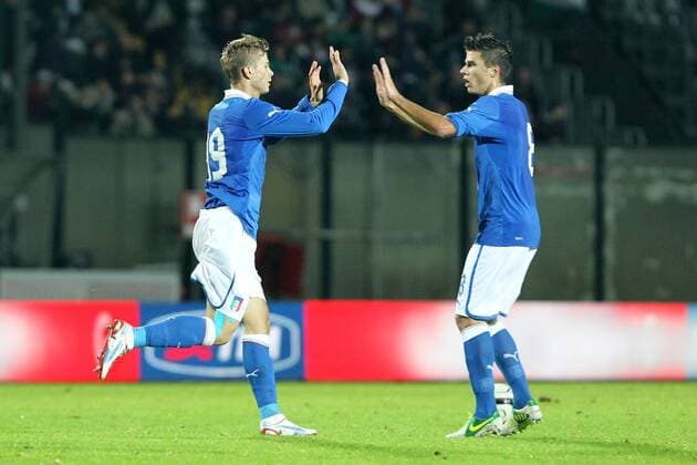 Goal Celebration Samuele Longo (ITA) with teammate Lorenzo Crisetig U21 ITA - ESP - lucaxpagliaricci
