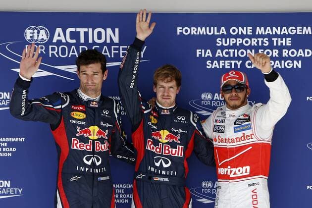 Motorsports: FIA Formula One World Championship 2012, Grand Prix of United States, 2 Mark Webber (AUS, Red Bull Racing), 1 Sebastian Vettel (GER, Red Bull Racing), 4 Lewis Hamilton (GBR, Vodafone McLaren Mercedes), xHOCHxZWEIx