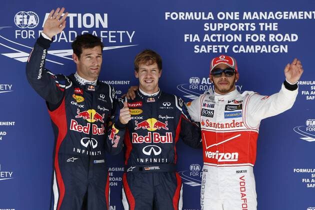 Motorsports: FIA Formula One World Championship 2012, Grand Prix of United States, 2 Mark Webber (AUS, Red Bull Racing), 1 Sebastian Vettel (GER, Red Bull Racing), 4 Lewis Hamilton (GBR, Vodafone McLaren Mercedes), xHOCHxZWEIx