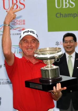 Nov 18, 2012; Hong Kong, CHINA; Miguel Angel Jimenez of Spain became the oldest European Tour winner on Sunday by achieving a 5-under 65 to capture his third Hong Kong Open title at The Hong Kong Golf Club. Hong Kong Open Day 4  - ZUMAs11