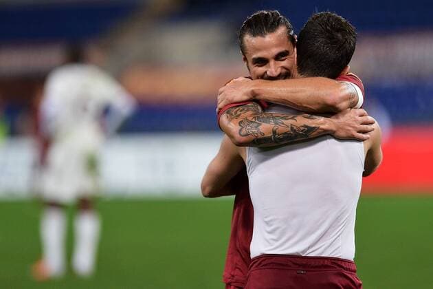 Miralem Pjanic - Pablo Daniel Osvaldo - Goal celebration Roma 19 11 2012 Roma Stadio Olimpico Football 2012 2013 Campionato di Calcio Serie A, AS Roma - FC Torino 1906. andreaxstaccioli