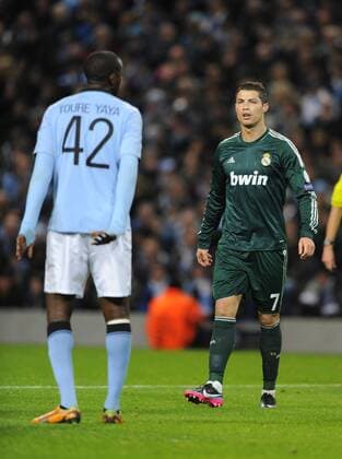 Cristiano Ronaldo of Real Madrid looks towards Yaya Toure of Manchester City - UEFA Champions League Group D - Manchester City vs Real Madrid - Etihad Stadium - Manchester - 21 11 12 - Picture SimonxBellis Sportimage- EDITORIAL USE ONLY. No use with unauthorised audio, video, data, fixture lists, club league logos or live services. Online in-match use limited to 120 images, no video emulation. No use in betting, games or single club league player publications.