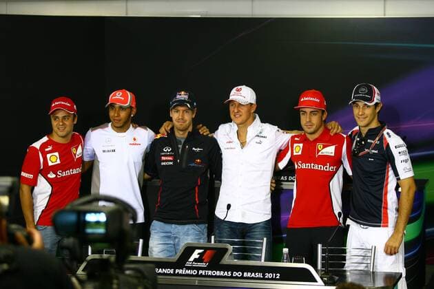 22.11.2012- Press conference, Felipe Massa (BRA) Scuderia Ferrari F2012, Lewis Hamilton (GBR) McLaren Mercedes MP4-27, Sebastian Vettel (GER) Red Bull Racing RB8, Michael Schumacher (GER) Mercedes AMG F1 W03, Fernando Alonso (ESP) Scuderia Ferrari F2012 and Bruno Senna (BRA) Williams F1 Team FW34 Brazilian Grand Prix, Sao Paulo 22-25 November 2012 