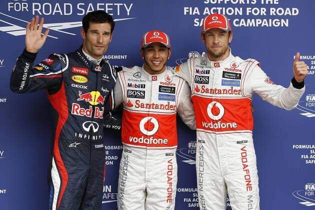 Motorsports: FIA Formula One World Championship 2012, Grand Prix of Brazil, 2 Mark Webber (AUS, Red Bull Racing), 4 Lewis Hamilton (GBR, Vodafone McLaren Mercedes), 3 Jenson Button (GBR, Vodafone McLaren Mercedes), xHOCHxZWEIx