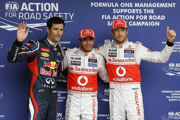 Motorsports: FIA Formula One World Championship 2012, Grand Prix of Brazil, 2 Mark Webber (AUS, Red Bull Racing), 4 Lewis Hamilton (GBR, Vodafone McLaren Mercedes), 3 Jenson Button (GBR, Vodafone McLaren Mercedes), xHOCHxZWEIx