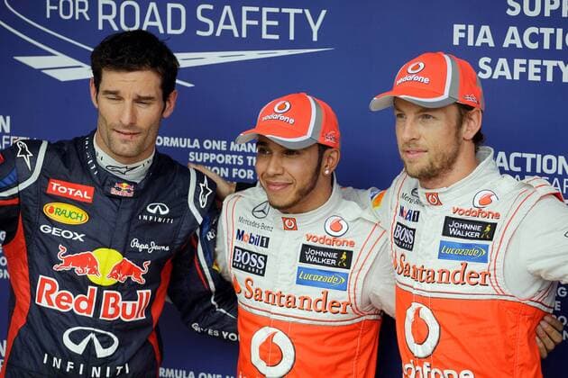 formula 1 GP, Brasilien in Sao Paulo Interlagos, 24.11.12, Pole Lewis Hamilton, vor Jenson Button, McLaren Mercedes, und Mark Webber, Red Bull Racing, Photo:mspb Nelson Antoine formula 1 GP, Brasilien, Pole Lewis Hamilton, Jenson Button, Mark Webber,