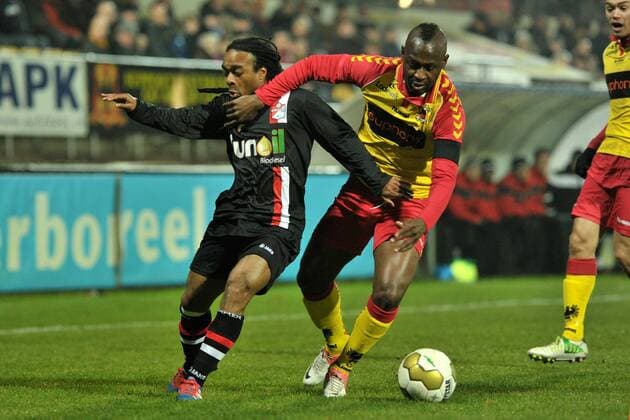 (L-R) Marvin Wijks of FC Emmen, Cendrino Misidjan of Go Ahead Eagles during the Jupiler League match between Go Ahead Eagles Deventer and FC Emmen at Adelaarshorst on November 30, 2012 in Deventer, The Netherlands. Go Ahead Eagles v FC Emmen Dutch Jupiler League 2012 2013 xVIxRonxJonkerxIVx 1275338