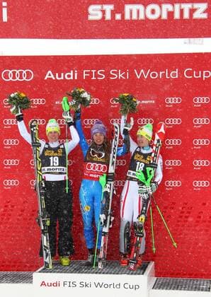SKI ALPIN - FIS WC St. Moritz, Super-Kombination, Damen ST.MORITZ,SCHWEIZ,07.DEZ.12 - SKI ALPIN - FIS Weltcup, Superkombination der Damen, Siegerehrung. Bild zeigt den Jubel von Nicole Hosp (AUT), Tina Maze (SLO) und Kathrin Zettel (AUT). 