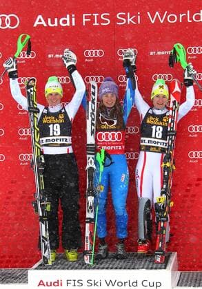 SKI ALPIN - FIS WC St. Moritz, Super-Kombination, Damen ST.MORITZ,SCHWEIZ,07.DEZ.12 - SKI ALPIN - FIS Weltcup, Superkombination der Damen, Siegerehrung. Bild zeigt den Jubel von Nicole Hosp (AUT), Tina Maze (SLO) und Kathrin Zettel (AUT). 