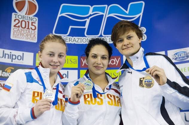 Yulia Koltunova RUS gold medal, Ekaterina Petukhova RUS silver medal, Julia Stolle GER bronze medal..Women s 10m platform finals..07 12 2012..Four Nations Diving Championships 2012..Torino - Italy ..Dec.07th - 09th 2012..Ph. Giorgio Perottino Deepbluemedia Insidephoto GiorgioxPerottino