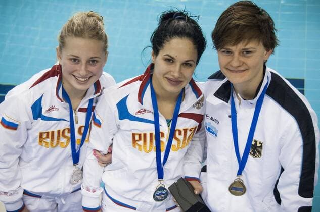 Yulia Koltunova RUS gold medal, Ekaterina Petukhova RUS silver medal, Julia Stolle GER bronze medal..Women s 10m platform finals..07 12 2012..Four Nations Diving Championships 2012..Torino - Italy ..Dec.07th - 09th 2012..Ph. Giorgio Perottino Deepbluemedia Insidephoto GiorgioxPerottino