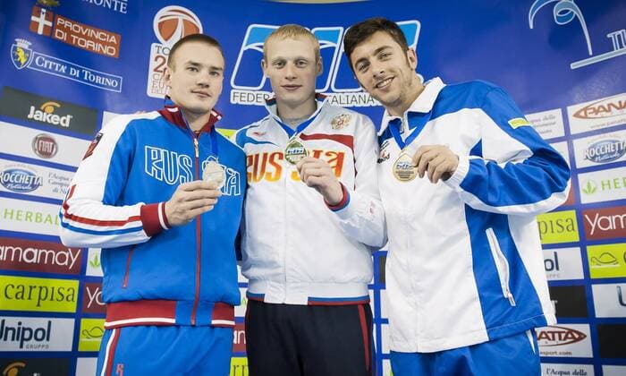 Ilya Zacharov RUS gold medal, Evgeny Kuznetsov RUS silver medal, Michele Benedetti ITA bronze medal..Men s 3m springboard finals..07 12 2012..Four Nations Diving Championships 2012..Torino - Italy ..Dec.07th - 09th 2012..Ph. Giorgio Perottino Deepbluemedia Insidephoto GiorgioxPerottino
