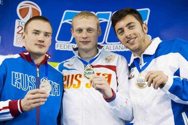Ilya Zacharov RUS gold medal, Evgeny Kuznetsov RUS silver medal, Michele Benedetti ITA bronze medal..Men s 3m springboard finals..07 12 2012..Four Nations Diving Championships 2012..Torino - Italy ..Dec.07th - 09th 2012..Ph. Giorgio Perottino Deepbluemedia Insidephoto GiorgioxPerottino