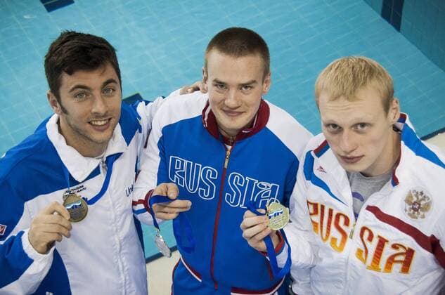 Ilya Zacharov RUS gold medal, Evgeny Kuznetsov RUS silver medal, Michele Benedetti ITA bronze medal..Men s 3m springboard finals..07 12 2012..Four Nations Diving Championships 2012..Torino - Italy ..Dec.07th - 09th 2012..Ph. Giorgio Perottino Deepbluemedia Insidephoto GiorgioxPerottino