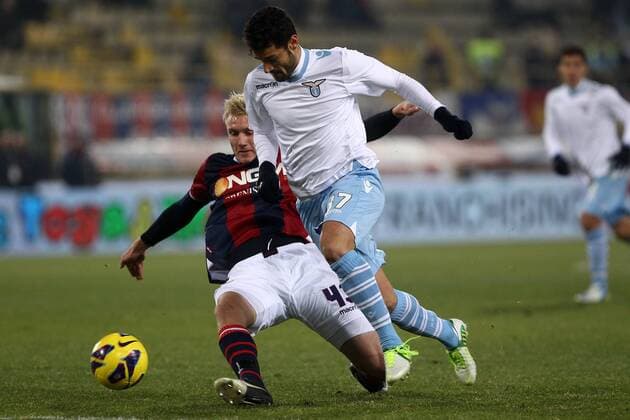 Antonio Candreva Lazio Frederick Sorensen Bologna.Bologna 10 12 2012 Stadio Dall Ara .Football Calcio Serie A 2012 13.Bologna v Lazio. PaoloxNucci