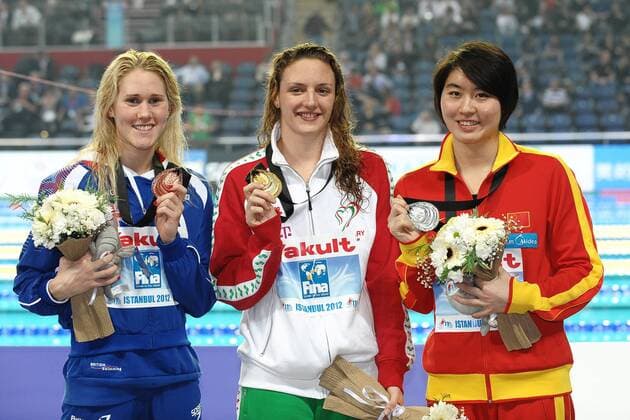 Jenna Lowe GBR Bronze Medal, Katinka Hosszu Hungary Gold Medal, Liuyang JIAO China Silver medal Women s 200m butterfly Istanbul 12 12 2012 Istanbul andreaxstaccioli