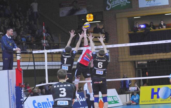 Champions League, voleyball, Jihostroj Ceske Budejovice - Berlin Recycling Volleys, December 12, 2012, Ceske Budejovice, Czech Republic. From left: Scott Touzinsky of Berlin, Michal Krisko of Jihostroj and Felix Fischer of Berlin. (CTKxPhoto JanxHonza) CTKPhotoF201212120527401 