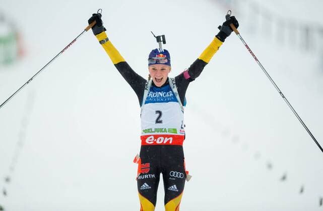 15.12.2012, Biathlonarena, Pokljuka, SLO, E.ON IBU Weltcup, Verfolgung, Damen, im Bild GÖSSNER Miriam of Germany reacts at finish line