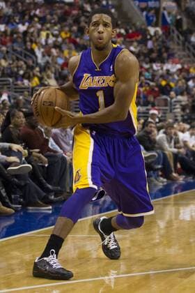 December 16, 2012: Los Angeles Lakers point guard Darius Morris (1) reacts with the ball during the NBA Basketball Herren USA game between the Los Angeles Lakers and the Philadelphia 76ers at the Wells Fargo Center in Philadelphia, Pennsylvania. The Los Angeles Lakers beat the Philadelphia 76ers, 111-98. NBA Basketball Herren USA 2012: Lakers vs 76ers DEC 16 - ZUMAcs7