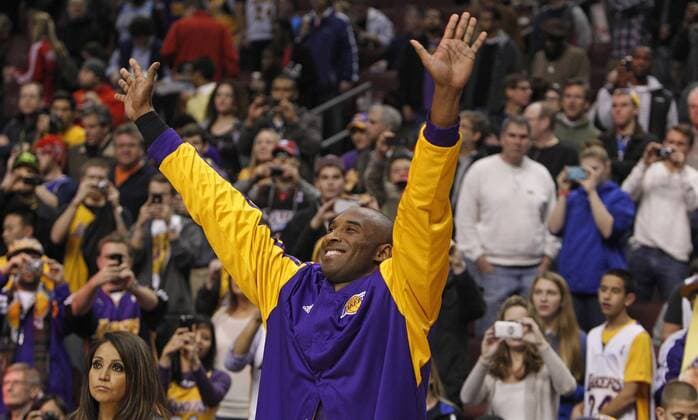 Dec. 16, 2012 - Philadelphia, PA, USA - Lakers Kobe Bryant acknowledges someone in the crowd prior to Los Angeles game against the Philadelphia 76ers at the Wells Fargo Center on Sunday, December 16, 2012, in Philadelphia, Pennsylvania. Sixers vs. Lakers - ZUMAm67