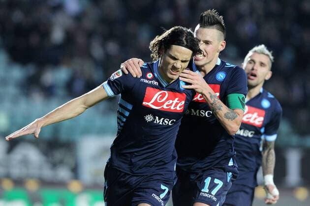 Edinson Cavani (Napoli) with teammate Marek Hamsik (Napoli) - Siena, 22.12.2012 - Serie A 2012 2013 - AC Siena vs SSC Napoli -. lucaxpagliaricci
