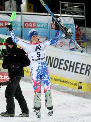 SKI ALPIN - FIS WC Semmering, Slalom, Damen SEMMERING,AUSTRIA,29.DEZ.12 - SKI ALPIN - FIS Weltcup, Slalom der Damen, Nachtslalom. Bild zeigt den Jubel von Veronika Velez Zuzulova (SVK). 