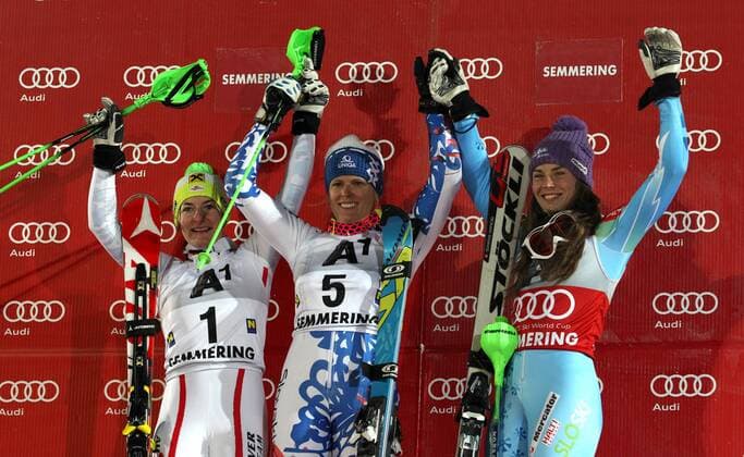 SKI ALPIN - FIS WC Semmering, Slalom, Damen SEMMERING,AUSTRIA,29.DEZ.12 - SKI ALPIN - FIS Weltcup, Slalom der Damen, Nachtslalom, Siegerehrung. Bild zeigt den Jubel von Kathrin Zettel (AUT), Veronika Velez Zuzulova (SVK) und Tina Maze (SLO). 