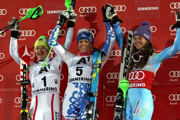 SKI ALPIN - FIS WC Semmering, Slalom, Damen SEMMERING,AUSTRIA,29.DEZ.12 - SKI ALPIN - FIS Weltcup, Slalom der Damen, Nachtslalom, Siegerehrung. Bild zeigt den Jubel von Kathrin Zettel (AUT), Veronika Velez Zuzulova (SVK) und Tina Maze (SLO). 