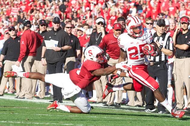 Jan. 1, 2013 - Pasadena, California, United States of America - Wisconsin Running Back Melvin Gordon 25 breaks a run during the 99th Annual Rose Bowl game between the BCS 6 ranked Stanford University Cardinal and the Wisconsin University Badgers. At the Rose Bowl in Pasadena, California. NCAA College League USA Football 2013 - Jan 1 - Rose Bowl - Wisconsin vs Stanford - ZUMAl30