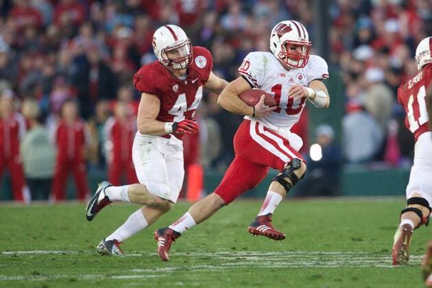 Jan. 1, 2013 - Pasadena, California, United States of America - Wisconsin Quarterback Curt Phillips 10 scrambles during the 99th Annual Rose Bowl game between the BCS 6 ranked Stanford University Cardinal and the Wisconsin University Badgers. At the Rose Bowl in Pasadena, California. NCAA College League USA Football 2013 - Jan 1 - Rose Bowl - Wisconsin vs Stanford - ZUMAl30