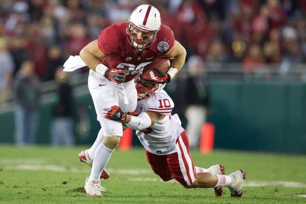 Jan. 1, 2013 - Pasadena, California, United States of America - Stanford Cardinal Tight End 86 Zach Ertz breaks a tackle during the 99th Annual Rose Bowl game between the BCS 6 ranked Stanford University Cardinal and the Wisconsin University Badgers. At the Rose Bowl in Pasadena, California. NCAA College League USA Football 2013 - Jan 1 - Rose Bowl - Wisconsin vs Stanford - ZUMAl30