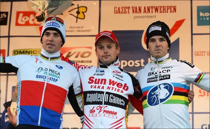 Kevin Pauwels of Sunweb Napoleon Games - Zdenek Stybar of Quick Step - Niels Albert of BKCP Powerplus CYCLO CROSS : Trophee Banque Bpost - Baal - Belgique - 01 01 2013 Photonews Panoramic 