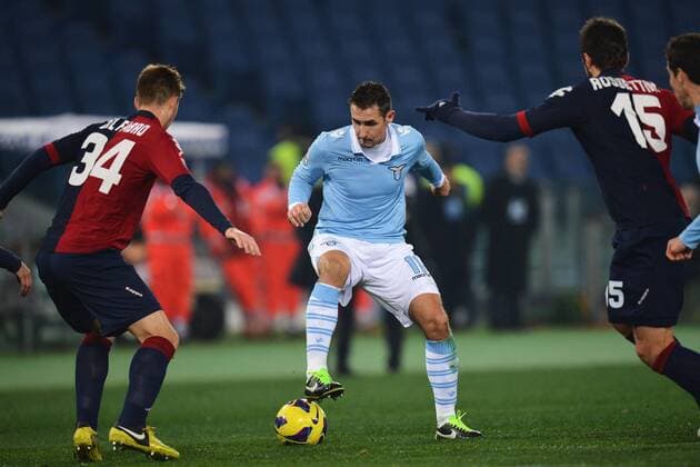 Dario Del Fabro Cagliari, Miroslav Klose Lazio, Luca Rossettini Cagliari 05 01 2013 Roma.Stadio Olimpico.Football Calcio 2012 2013. Campionato di Calcio Serie A; Lazio Rom - Cagliari Calcio. andreaxstaccioli