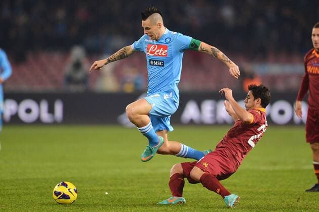 Marek Hamsik Napoili, Ivan Piris Roma.Roma 6 1 2013 Stadio San Paolo.Football Calcio 2012 2013 Campionato Italiano Serie A.SSC Neapel Vs AS Rom . andreaxstaccioli