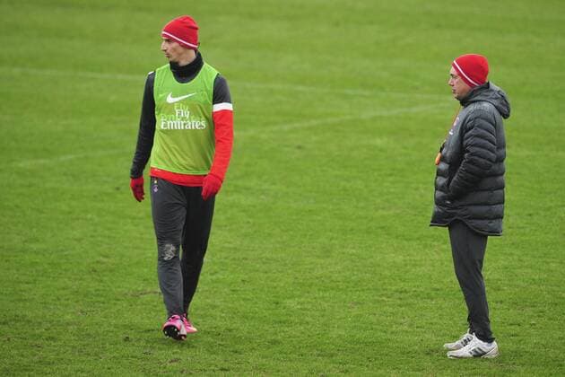 Carlo Ancelotti - entraineur PSG - Zlatan Ibrahimovic FOOTBALL : Entrainement du PSG au Camp des Loges - PSG - 10 01 2013 JBAutissier Panoramic 