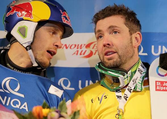 SNOWBOARD - FIS WC Bad Gastein, PSL, Herren BAD GASTEIN,AUSTRIA,11.JAN.13 - SNOWBOARD - FIS Weltcup, Parallel Slalom der Herren, Siegerehrung. Bild zeigt Roland Fischnaller (ITA) und Andreas Prommegger (AUT). 