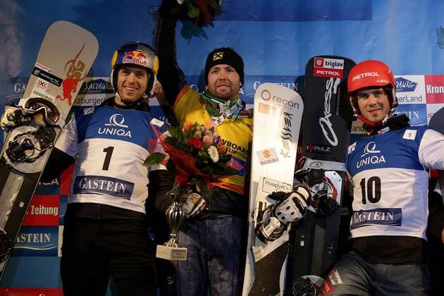 SNOWBOARD - FIS WC Bad Gastein, PSL, Herren BAD GASTEIN,AUSTRIA,11.JAN.13 - SNOWBOARD - FIS Weltcup, Parallel Slalom der Herren, Siegerehrung. Bild zeigt Roland Fischnaller (ITA), Andreas Prommegger (AUT) und Zan Kosir (SLO). 